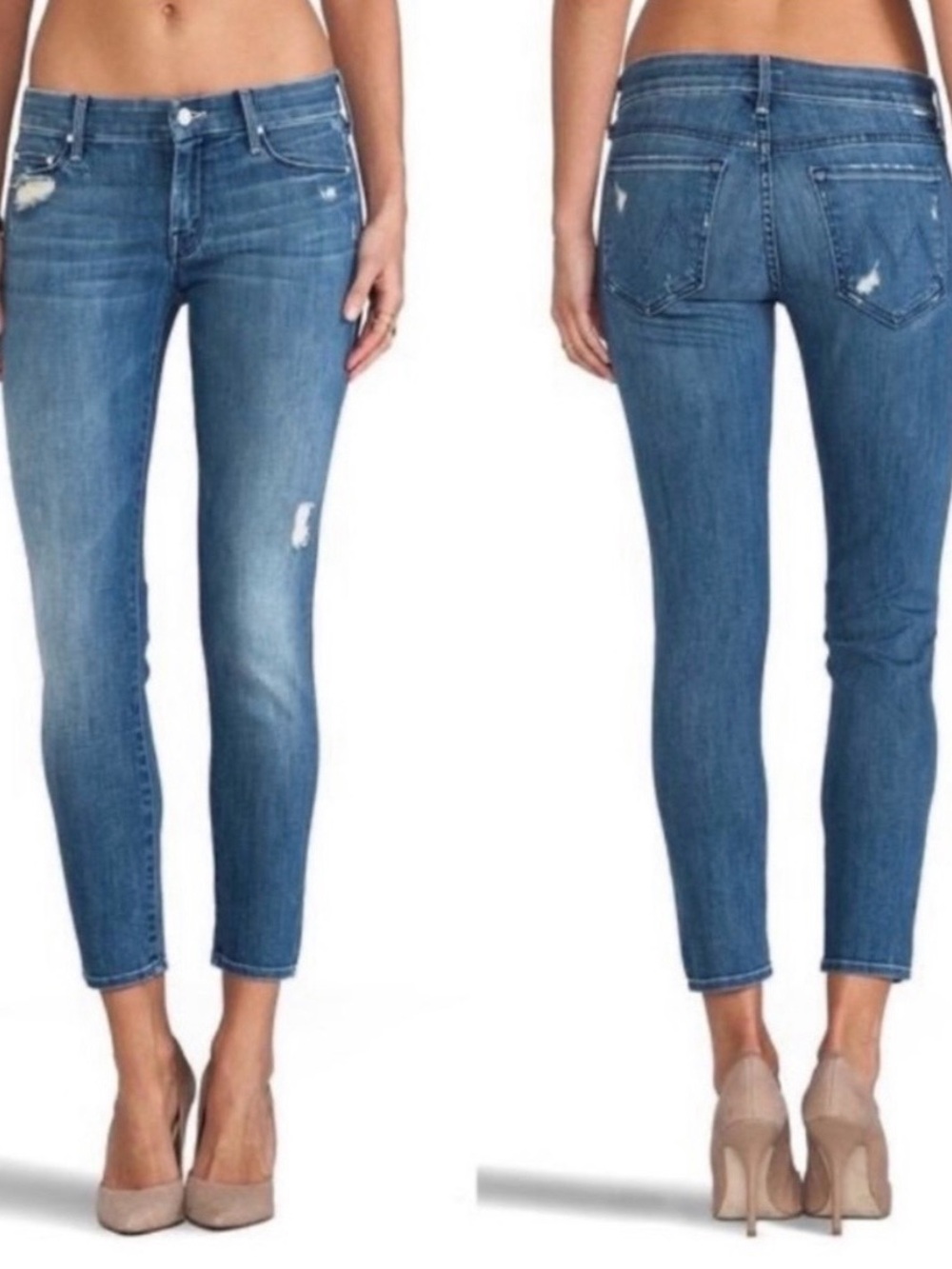 MOTHER Blue Distressed Cropped Skinny Jeans